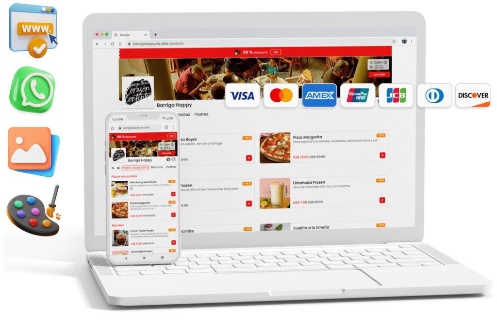 Menu digital na versão para celular e desktop de um ponto de venda de restaurante da Olaclick com ícones de método de pagamento e do WhatsApp