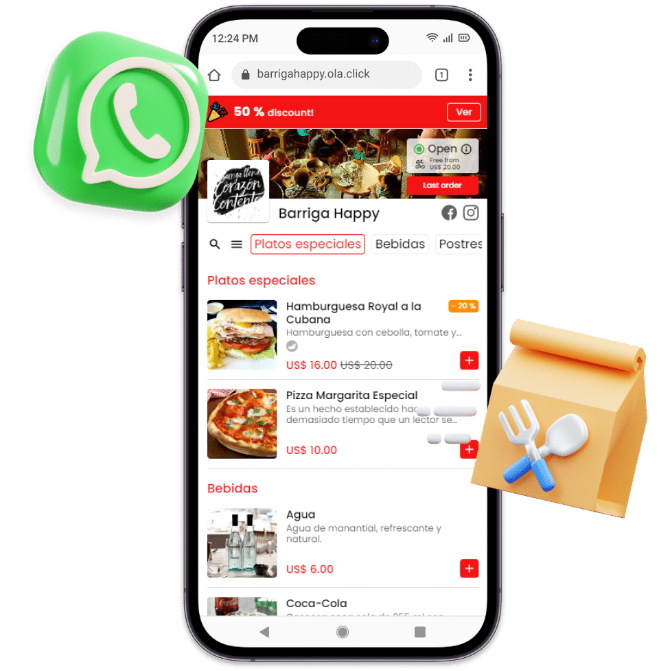 Página de produtos de um cardápio digital com ícone do WhatsApp e ícone de entrega