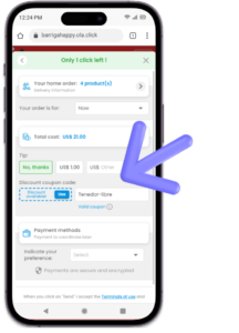Página de resumo da compra do cardápio digital, na qual se pode aplicar automaticamente um desconto