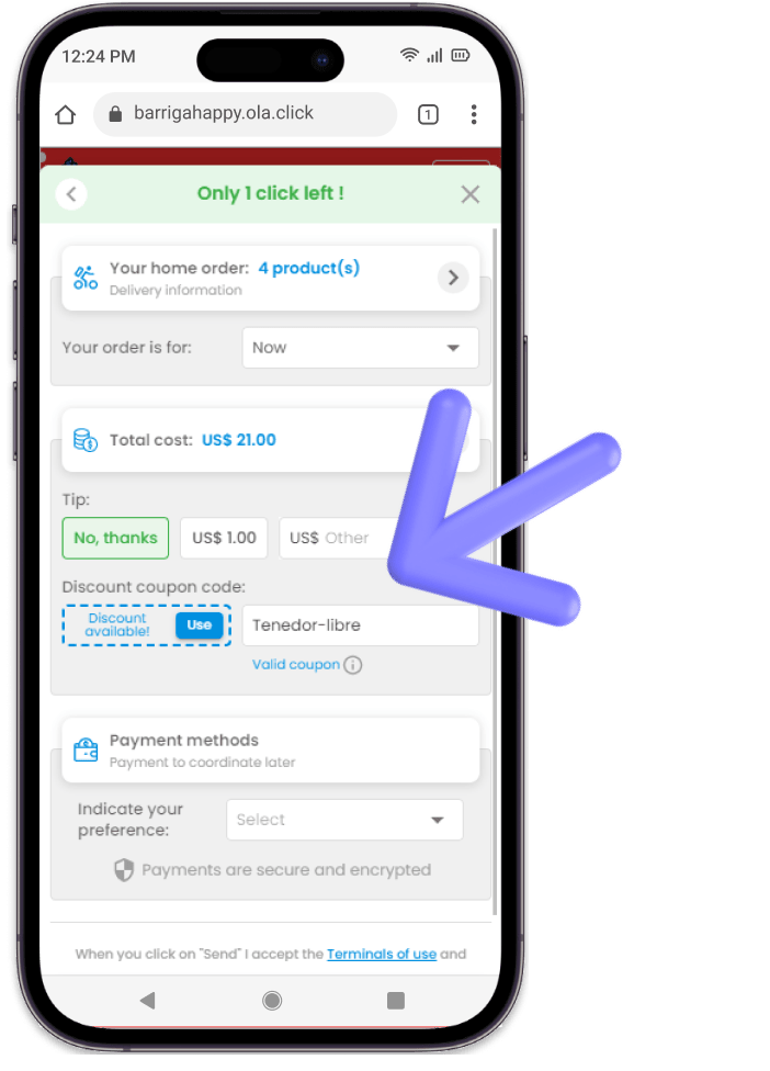 Página de resumo da compra do cardápio digital, na qual se pode aplicar automaticamente um desconto
