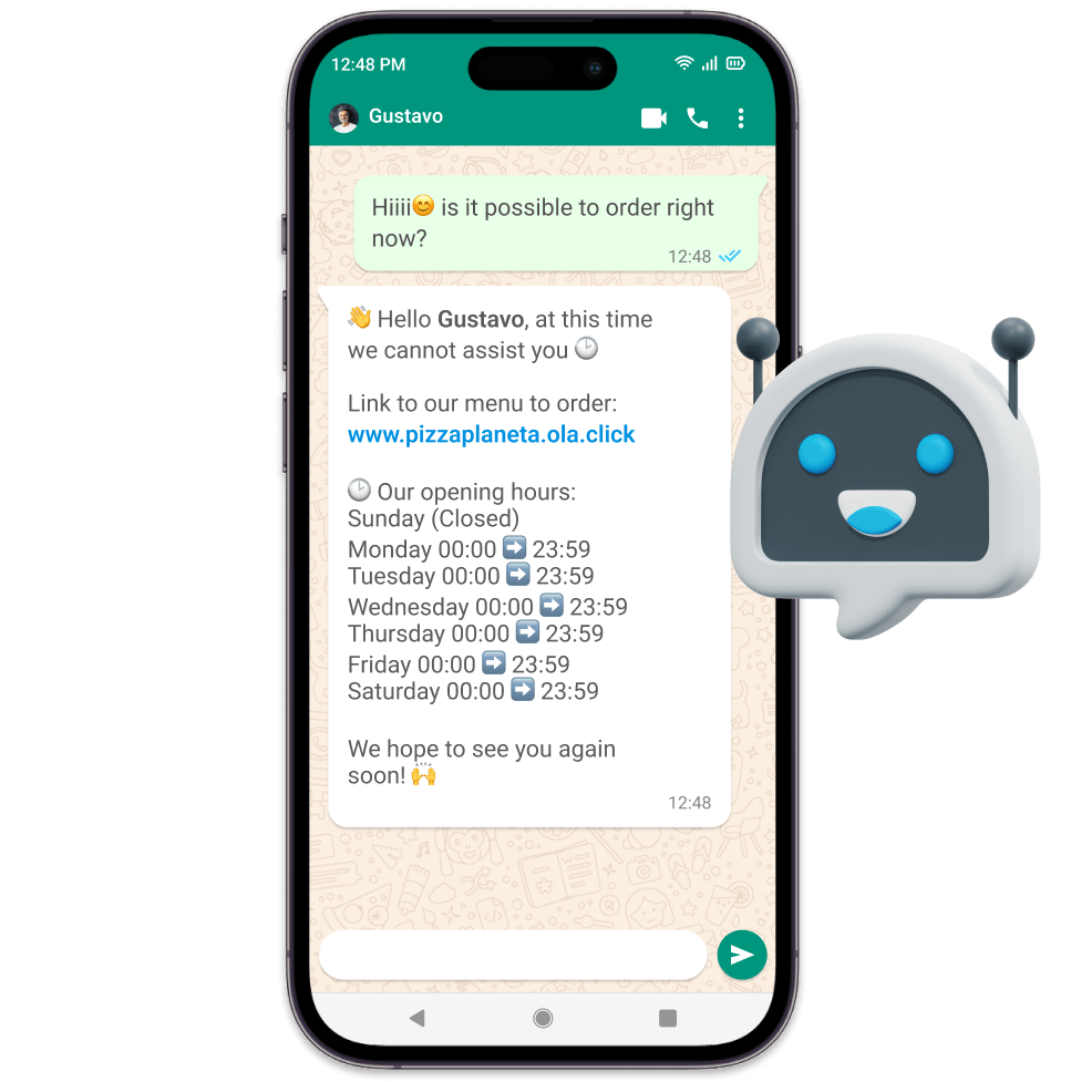 Mensagem no WhatsApp mostrando a interação de um cliente e a resposta do chatbot de sistema de delivery com cardapio digital da OlaClick