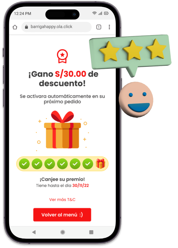 Page de menu numérique du restaurant montrant le programme de fidélité d'un client qui a remporté son prix