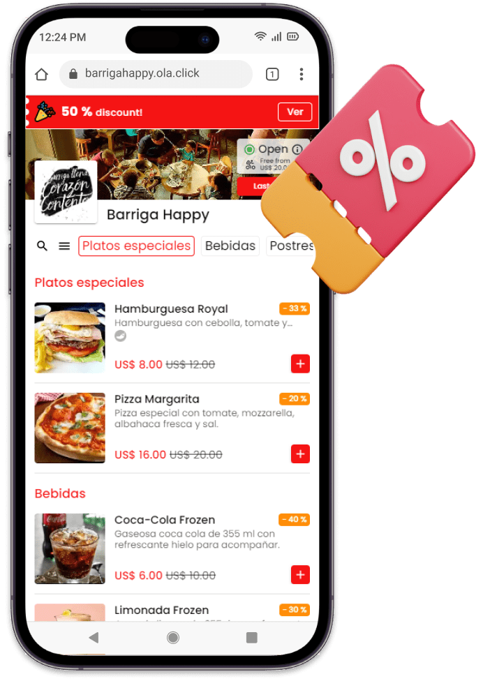 En-tête de la page de produit du menu numérique montrant une remise de 50%