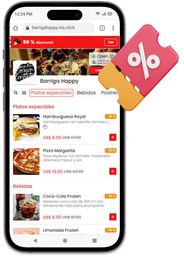 Página de produto de um cardápio digital mostrando um banner no sistema de delivery com um desconto de 50% nos produtos