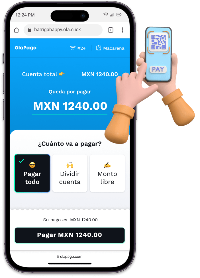 Facture d'un restaurant qu'un client peut payer en totalité ou avec un montant divisé via un code QR