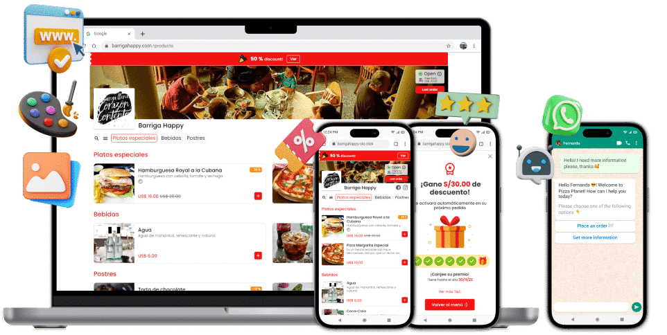 Funcionalidades do cardapio digital com sistema de delivery OlaClick para restaurantes em sua versão desktop, mobile e tablet