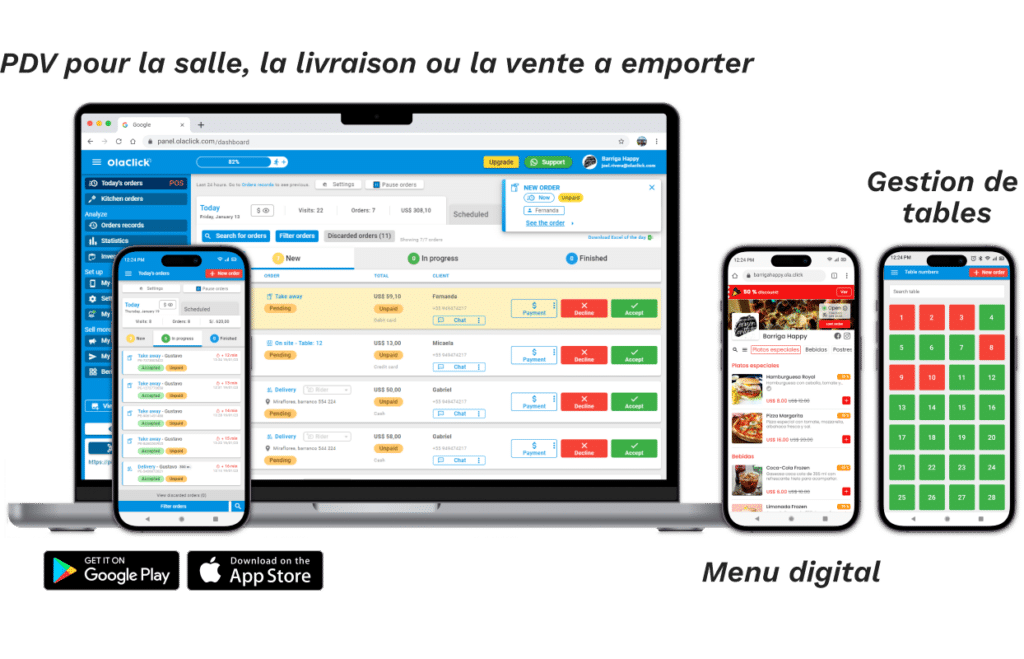 Fonctionnalités du point de vente d'Olaclick dans sa version ordinateur de bureau, mobile ou iPad