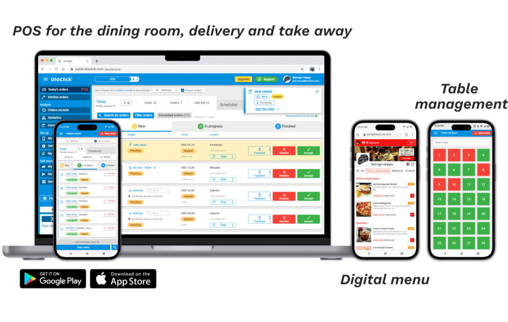 Functionalities of the point of sale of Olaclick in its desktop, mobile or iPad version