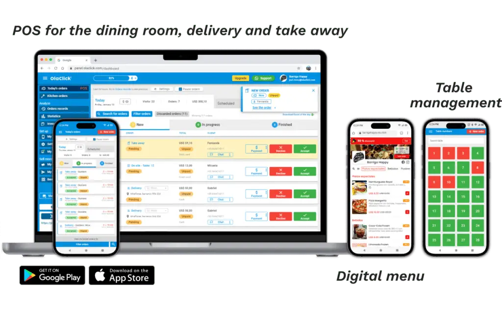 Functionalities of the point of sale of Olaclick in its desktop, mobile or iPad version