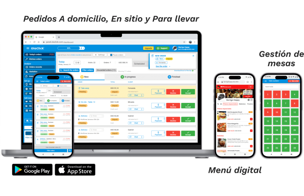 Funcionaldades del punto de venta de OlaClick en su version desktop, movil o Ipad