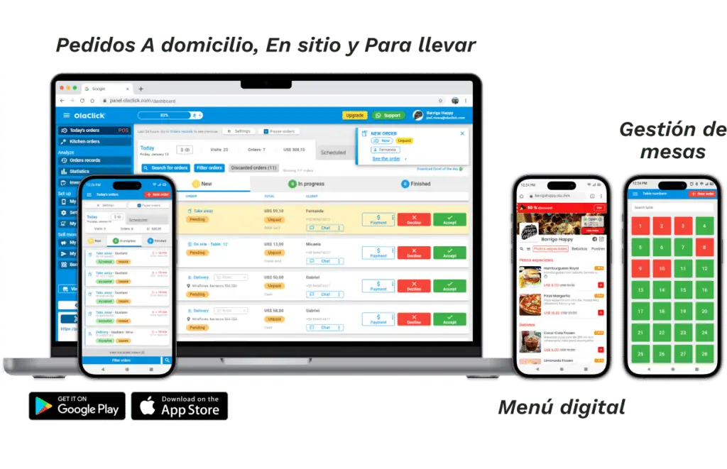Funcionaldades del punto de venta de OlaClick en su version desktop, movil o Ipad