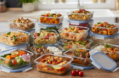 foto de varias marmitas com diferentes comidas para cardápio semanal simples caseiro