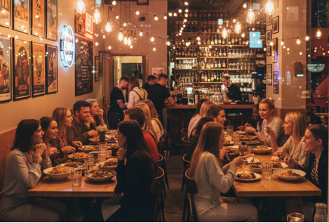 foto de clientes de restaurante a la carte comendo e conversando