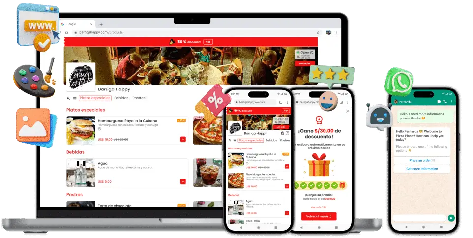 Funcionalidades do cardapio digital com sistema de delivery OlaClick para restaurantes em sua versão desktop, mobile e tablet