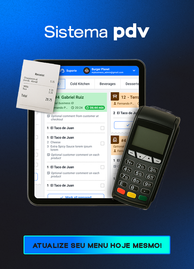 imagem mostrando sistema pdv para restaurante com um bloco de notas e máquina de cartão ao lado
