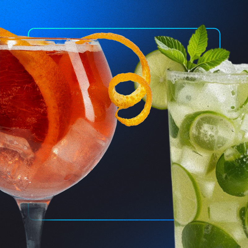 foto mostra caipirinha e margarita, dois drinks principais de um cardapio de bebidas